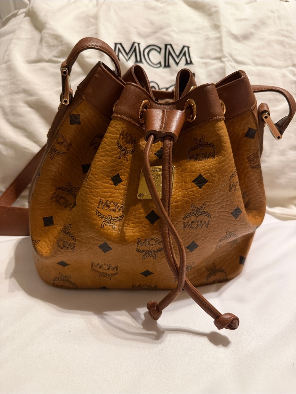 Vintage MCM Cognac Visetos Drawstring Bucket Bag w/ Dust Bag